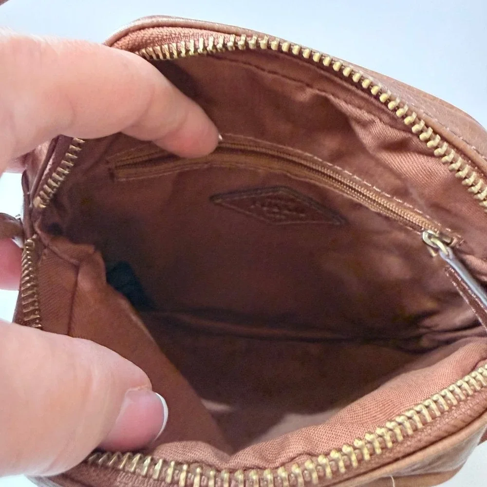 Fossil Brown Leather Octagon Crossbody Bag Small Zip Top Purse Issue No 1954